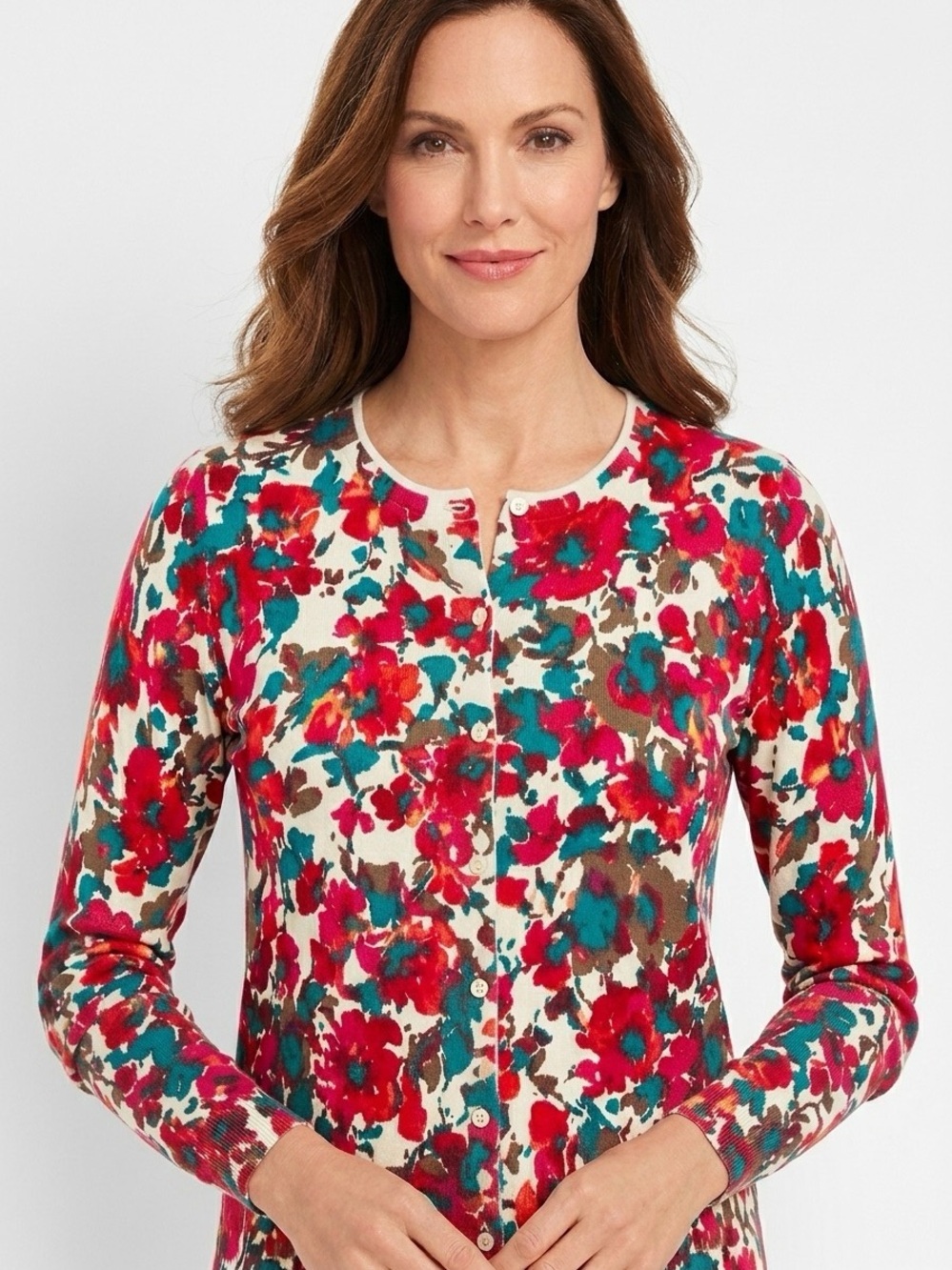 Talbots Floral Crewneck Cardigan - Red, Teal & White Sz LP Cotton Button Front